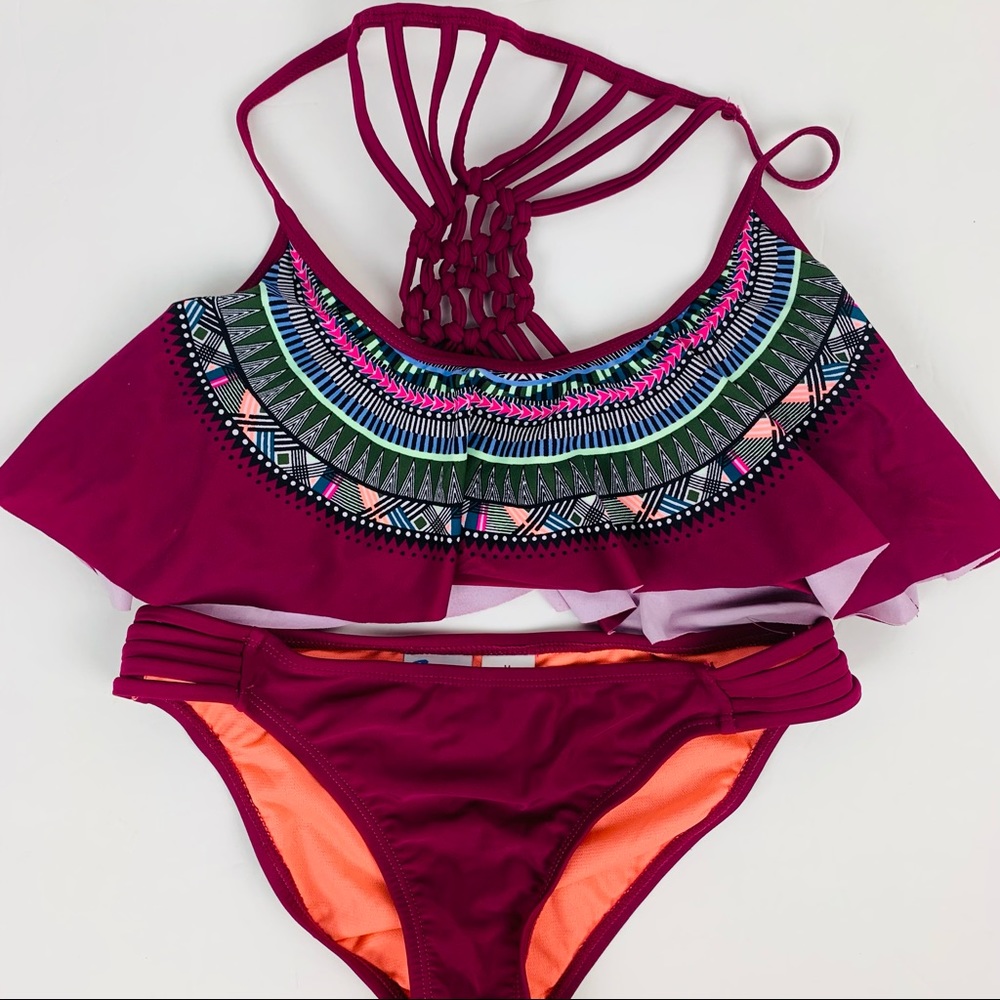 🔥CALIFORNIA WAVES🔥2-Piece Swimsuit Optic Strappy Back Flounce Bikini Med NWT - Picture 7 of 9